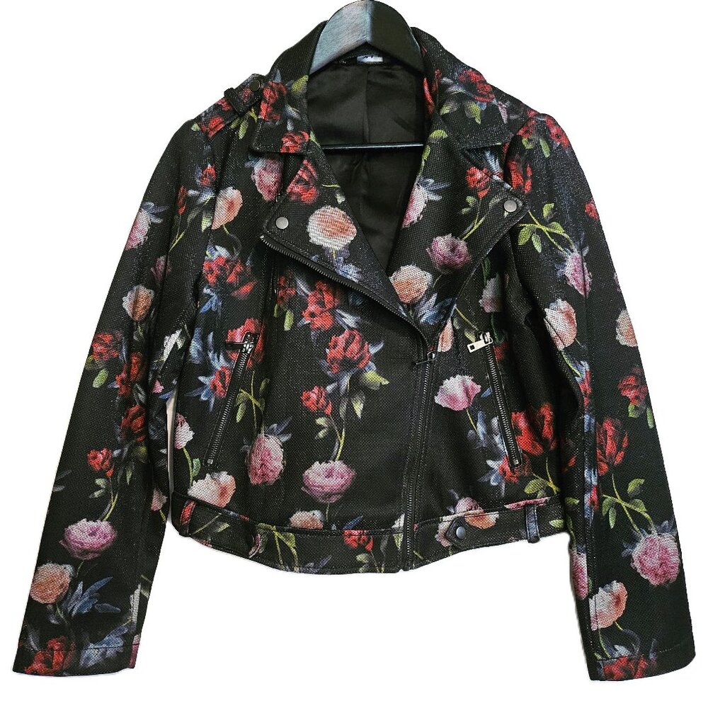 SPLASH Black with Floral Print Shimmery Biker/Moto Style Jacket Size 12